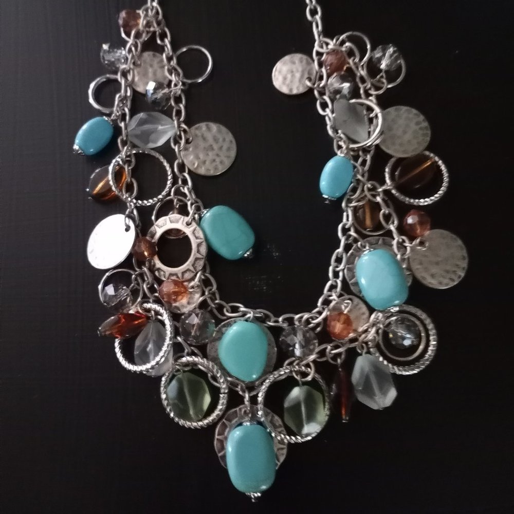 Double row Faux Turquoise, Smoky quartz  necklace with extender/lobster claw EUC